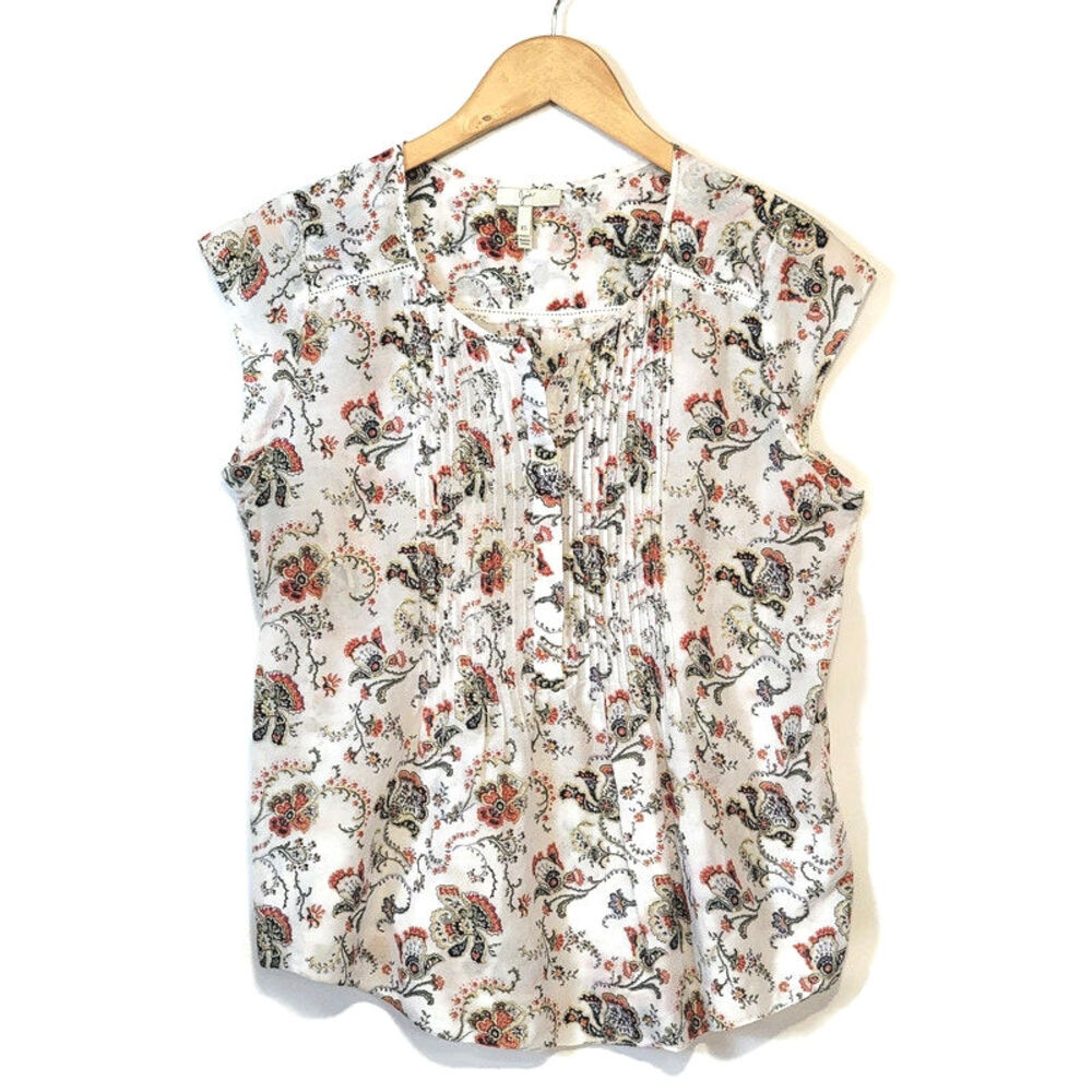 Joie Floral Cotton Silk Top Scoop Neck Short Sleeve Round Hem Lightweight XS